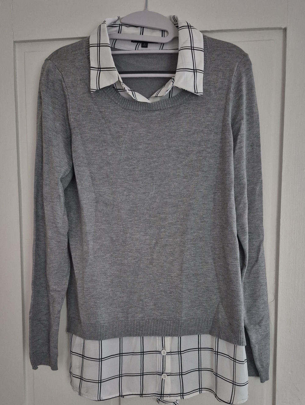Adrianna Papell Grey Knit Crewneck Sweater with White Plaid Shirt Detail